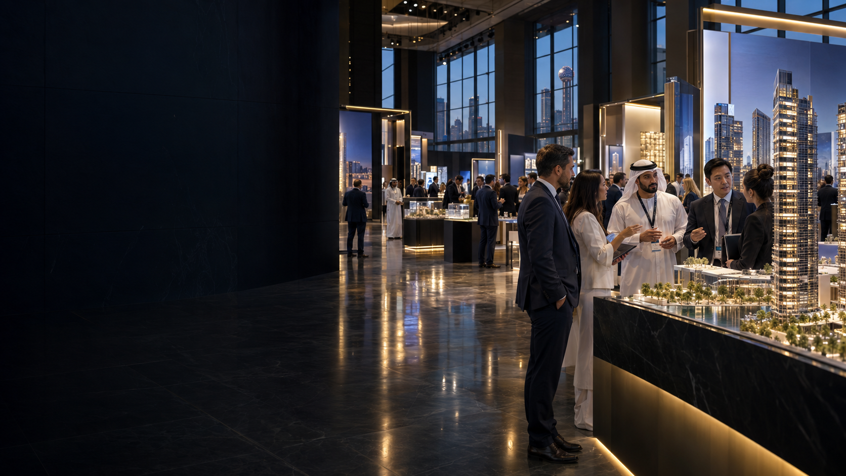 International business attendees connecting around architectural property displays